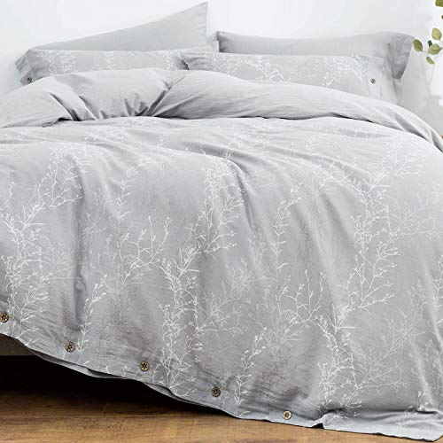 OREISE Duvet Cover Set FullQueen Size Washed Cotton Yarn Jacquard Gray and White Thin Branch Pattern Floral Style 3Piece Bedding Set