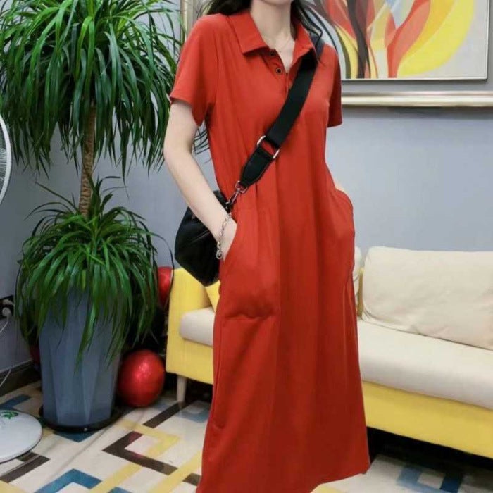 Casual Cotton Polo Dress 2023 Summer Knee-Length Solid T-shirt Dress for Women orange red - Image 1