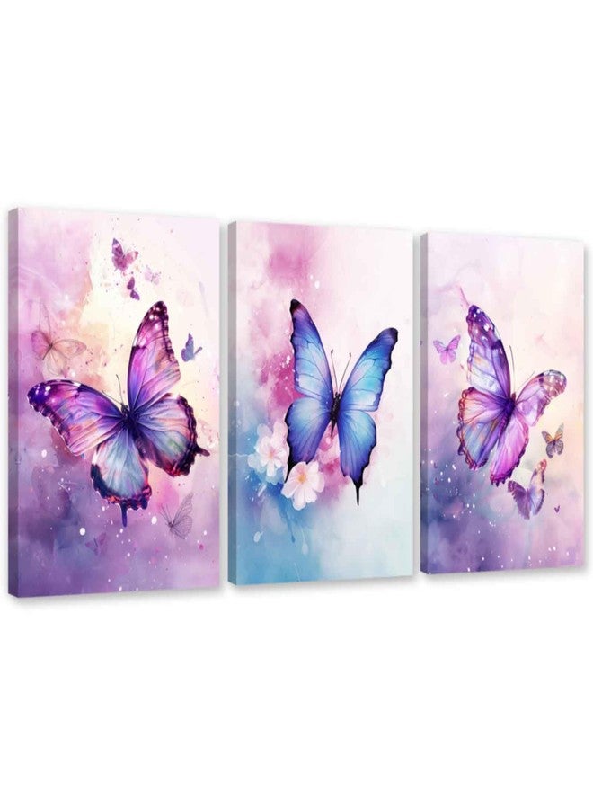 ARTZGX 3 Piece Purple Butterfly Canvas Wall Art Butterfly Pictures Wall Decor Watercolor Painting for Girls Room Decor Frame(Pink 12x16inchx3P (30x40cmx3P)) - Image 1
