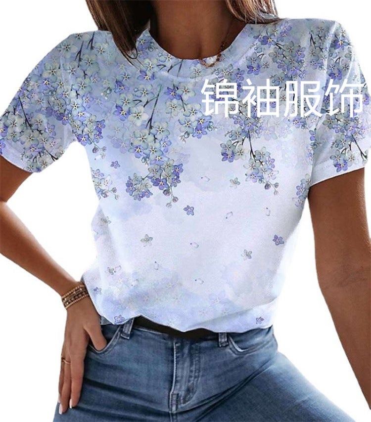 2022 spring and summer new cross-border foreign trade European and American fresh and sweet round neck romantic floral print short-sleeved women's T-shirt 3 XXL - Image 3