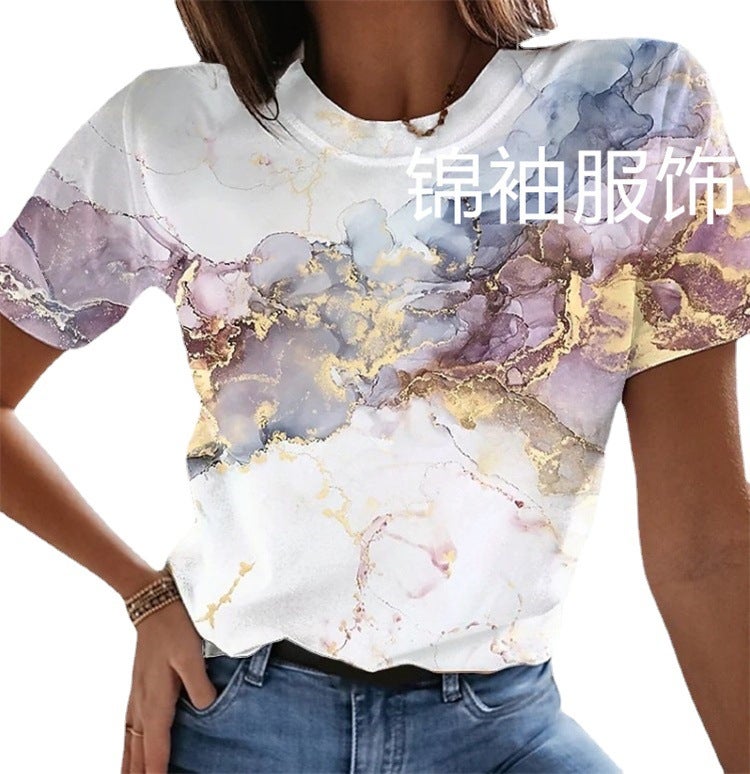 2022 spring and summer new cross-border foreign trade European and American fresh and sweet round neck romantic floral print short-sleeved women's T-shirt 3 XXL - Image 5