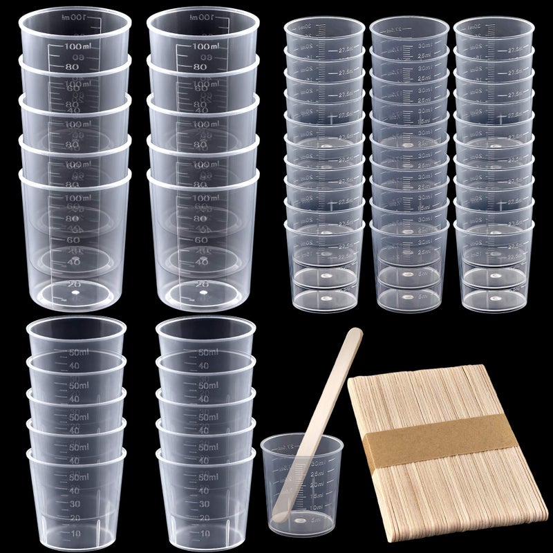 Coopay 50 Pieces Plastic Measuring Graduated Cups Contain 100ml34oz 50ml17oz and 30ml1oz Transparent Scale Clear Epoxy Paint Mixing Cups with 50 Pack Wooden Stirring Sticks