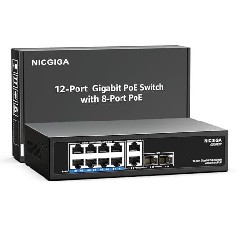 NICGIGA 12 Port Gigabit PoE Switch Unmanaged with 8 Port IEEE8023afat PoE120W 2 x 1000Mbps Uplink 2 x 1G SFP NICGIGA 8 Port Network Power Over Ethernet Switch - Image 1
