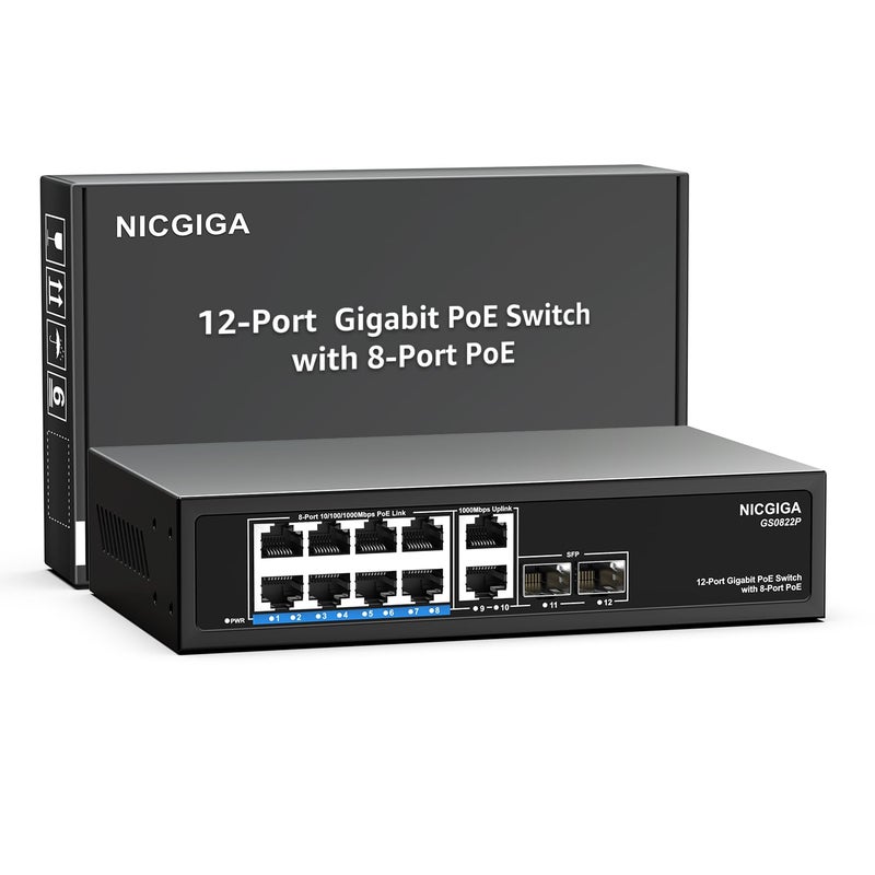 NICGIGA 12 Port Gigabit PoE Switch Unmanaged with 8 Port IEEE8023afat PoE120W 2 x 1000Mbps Uplink 2 x 1G SFP NICGIGA 8 Port Network Power Over Ethernet Switch - Image 2