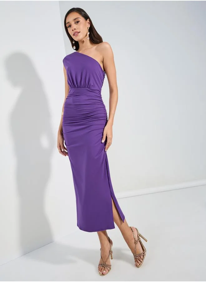 ستايلي One Shoulder Neck Gathered Bodycon Midi Dress