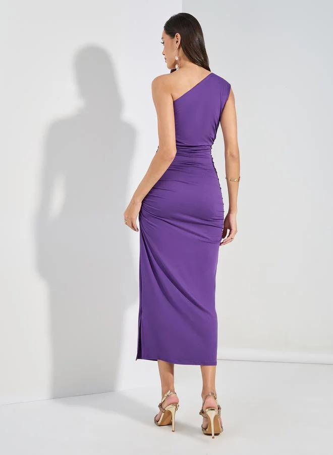 Styli One Shoulder Neck Gathered Bodycon Midi Dress