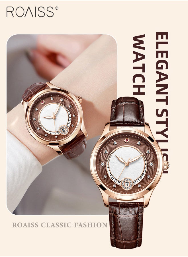 roaiss Leather Strap Mechanical Watch for Women, Analog Display Round Hollow Dial, Waterproof Luminous Wristwatch with Calendar as Gift for Ladies  - Image 1