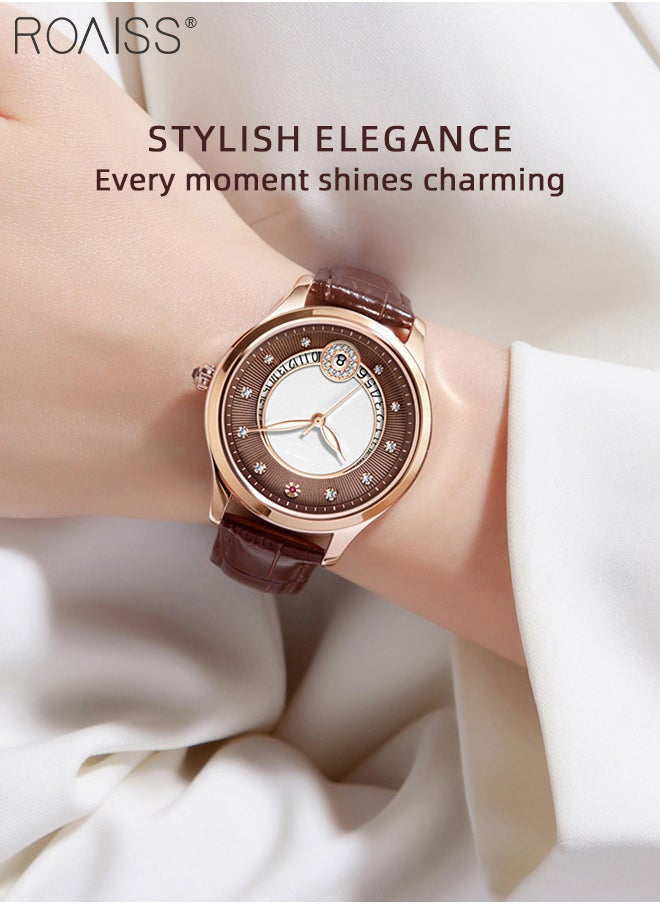 roaiss Leather Strap Mechanical Watch for Women, Analog Display Round Hollow Dial, Waterproof Luminous Wristwatch with Calendar as Gift for Ladies  - Image 2