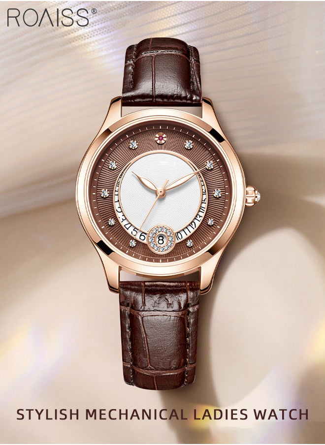 roaiss Leather Strap Mechanical Watch for Women, Analog Display Round Hollow Dial, Waterproof Luminous Wristwatch with Calendar as Gift for Ladies  - Image 3