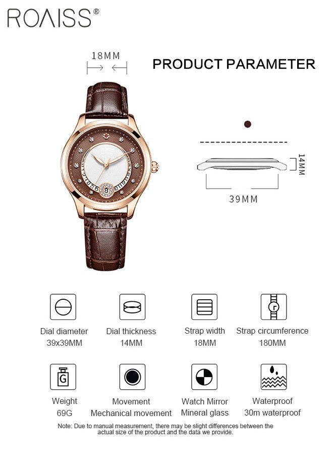 roaiss Leather Strap Mechanical Watch for Women, Analog Display Round Hollow Dial, Waterproof Luminous Wristwatch with Calendar as Gift for Ladies  - Image 4