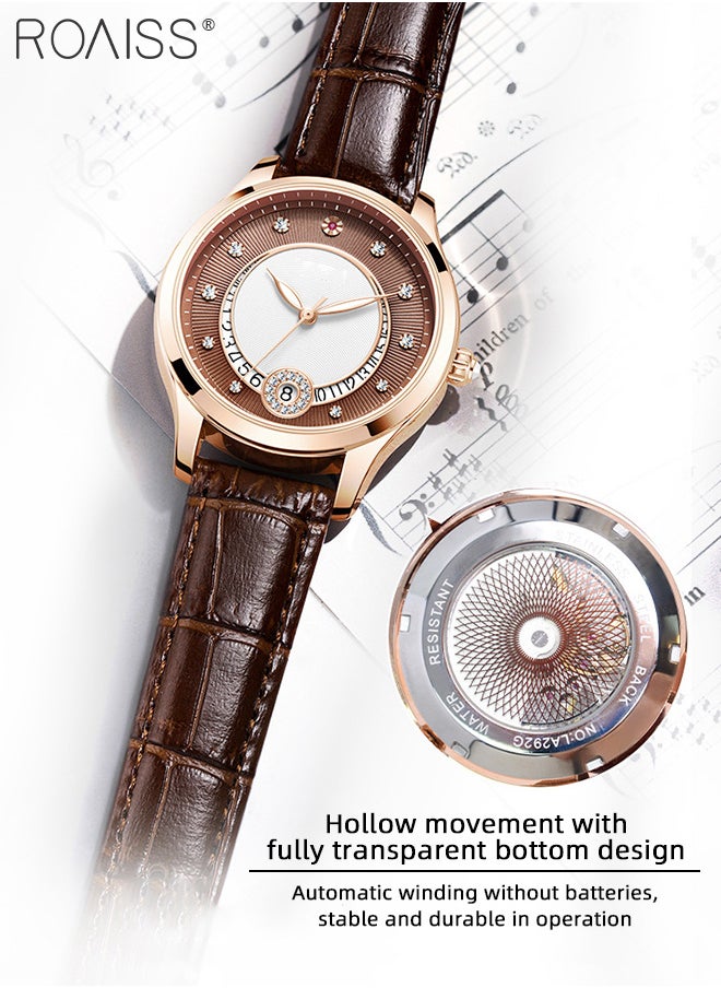 roaiss Leather Strap Mechanical Watch for Women, Analog Display Round Hollow Dial, Waterproof Luminous Wristwatch with Calendar as Gift for Ladies  - Image 5