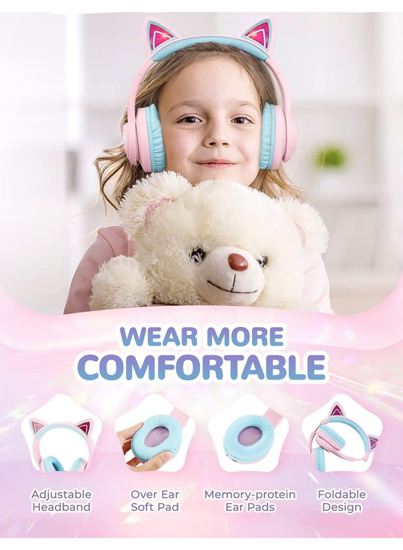 iClever Bluetooth Kids Headphones, BTH13 Cat Ear LED Light Up Kids Wireless Headphones, 50H Playtime, 74/85dBA Volume Limiting Children Headphones with Microphone Over Ear for School/Tablet/PC - Image 4
