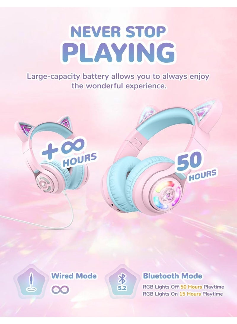 iClever Bluetooth Kids Headphones, BTH13 Cat Ear LED Light Up Kids Wireless Headphones, 50H Playtime, 74/85dBA Volume Limiting Children Headphones with Microphone Over Ear for School/Tablet/PC - Image 2