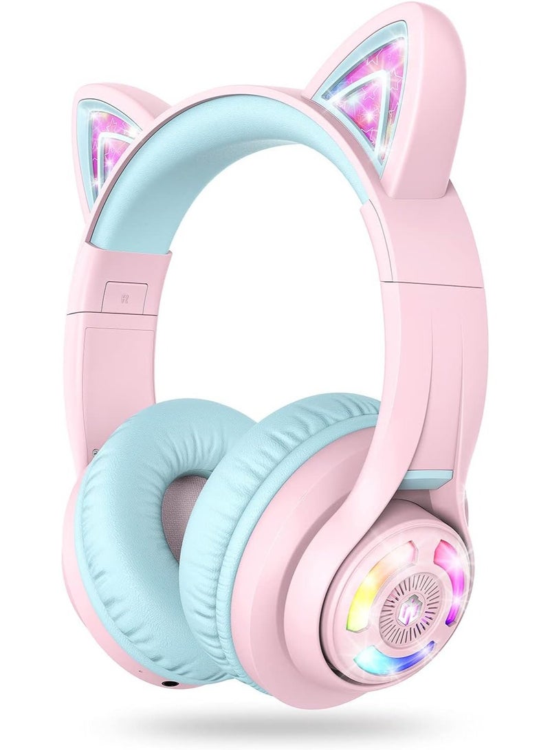 iClever Bluetooth Kids Headphones, BTH13 Cat Ear LED Light Up Kids Wireless Headphones, 50H Playtime, 74/85dBA Volume Limiting Children Headphones with Microphone Over Ear for School/Tablet/PC - Image 1