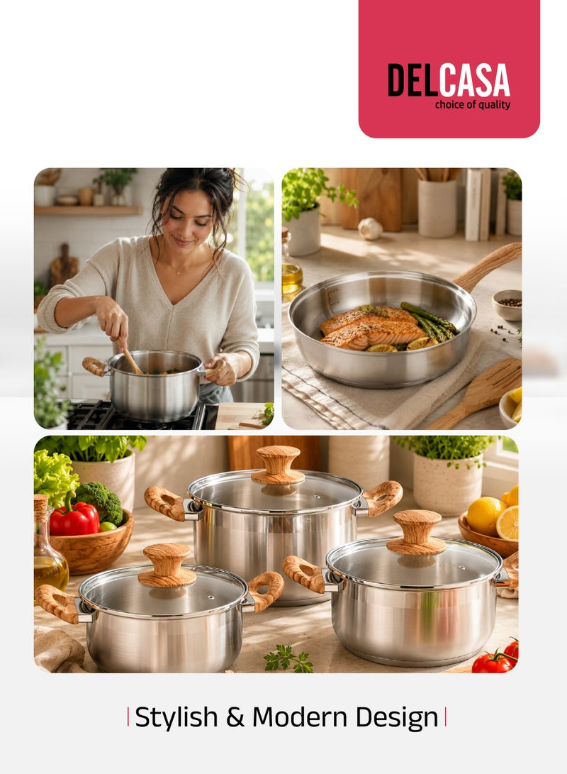 ديلكاسا استمتع بتجربة طهي مميزة مع طقم أواني الطهي من ديلكاسا المصنوع من الستانلس ستيل عالي الجودة، والمزود بمقابض باكليت بتصميم يشبه الخشب لمزيد من الأناقة والراحة أثناء الاستخدام. يأتي الطقم مع أغطية زجاجية مقاومة للحرارة لمراقبة الطعام أثناء الطهي بسهولة.  الطقم متوافق مع مواقد الحث (Induction) ومناسب لمختلف أنواع أسطح الطهي، كما أنه آمن للاستخدام في غسالة الصحون لسهولة التنظيف. اللون الفضي والتصميم العصري يجعلان الطقم خيارًا عمليًا وأنيقًا للمطبخ. - Image 5