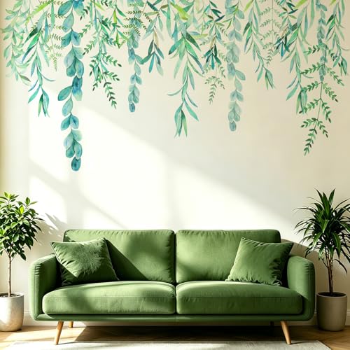 VePret Green Hanging String of Willow Wall Decals Peel and Stick, Large Plants Vinyl Wall Stickers, Removable Vine Home Decor Art for Bedroom Living Room Classroom Office - Image 1