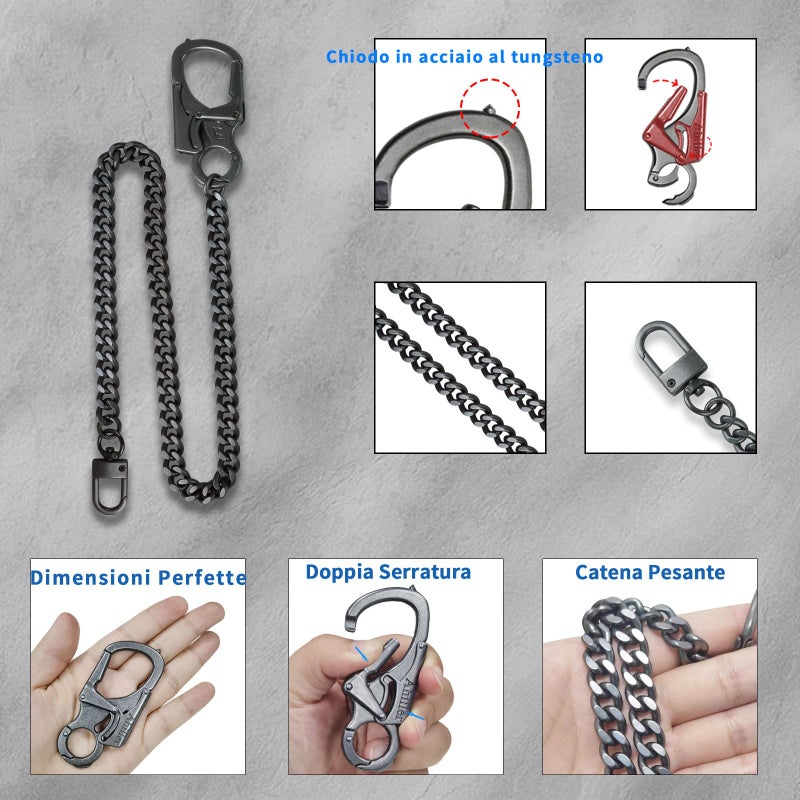 Ahiller Wallet Chain for Men, Lockable Carabiner with Tungsten Steel Taper, Heavy Duty Chain for Key Pocket Belt (DK-Black-1P) - Image 4