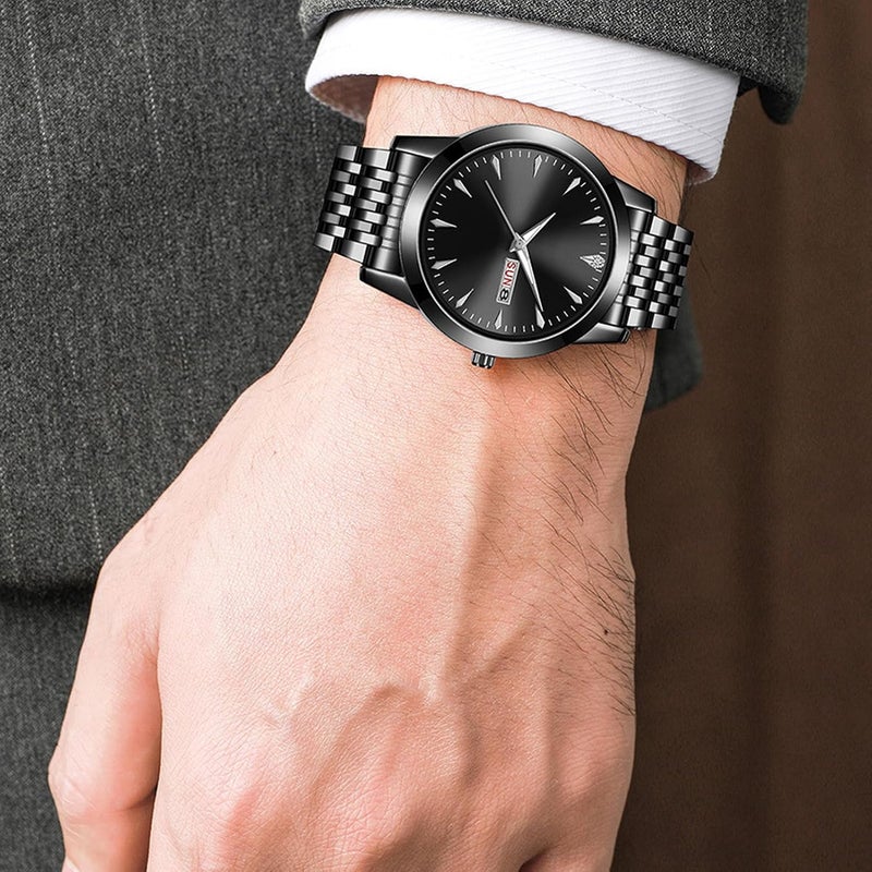 RIZGHWOY Stylish Classic Quartz Stainless Steel Dress Watch Waterproof Calendar Display Men Watch for Daily Use Alloy Glass (Black) - Image 3