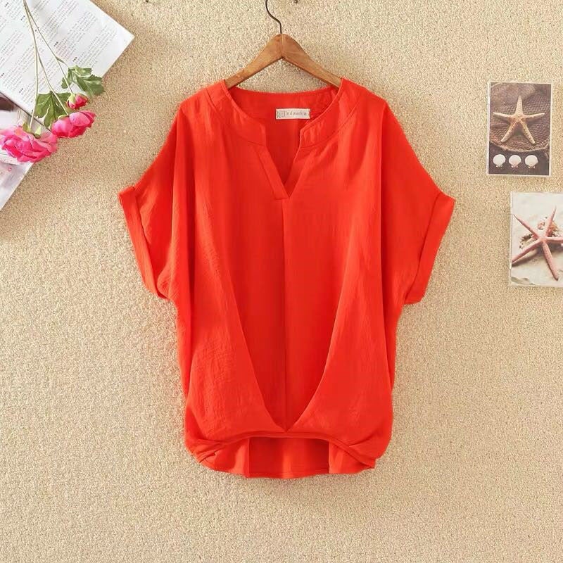 Women's Cotton Linen V-Neck Batwing Sleeve Blouse - Image 3