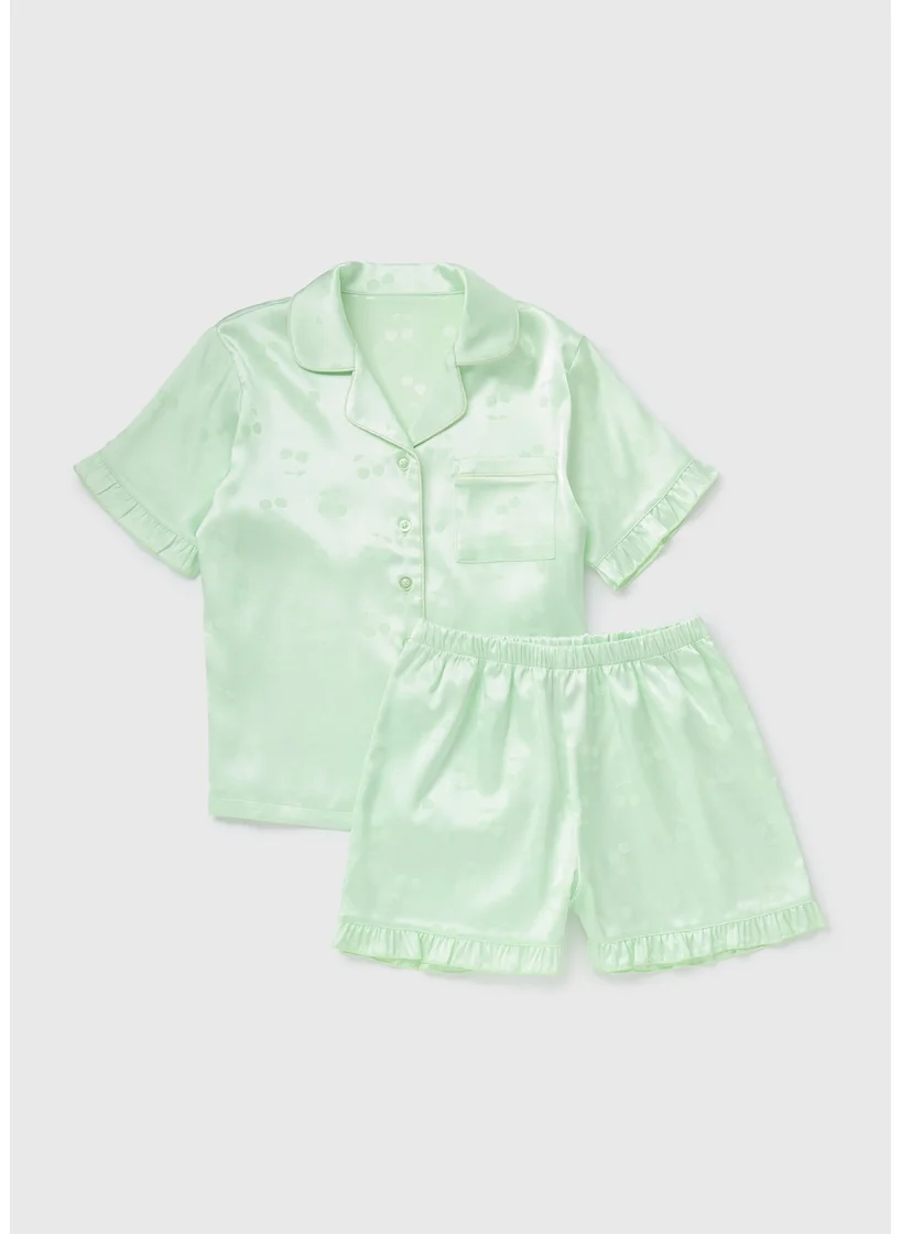 Matalan Girls Green Cherry Satin Pyjama Set