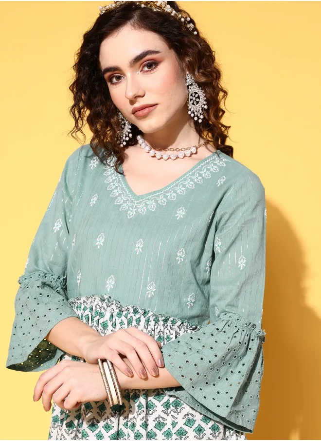 آي شين Aline Fit Self Design Pattern V-Neck Neck Three-Quarter Sleeves Green & White Colour Woven Cotton Dresses for Women with Semi Elastic Closure - Crafted for Elegance and Ease
