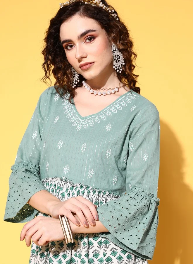 ISHIN Women's Green & White 100% Cotton Self Design A-Line Dress