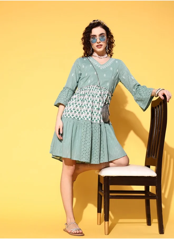 ISHIN Aline Fit Self Design Pattern V-Neck Neck Three-Quarter Sleeves Green & White Colour Woven Cotton Dresses for Women with Semi Elastic Closure - Crafted for Elegance and Ease
