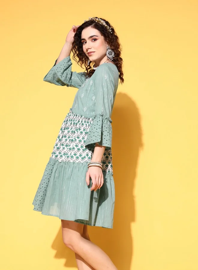 ISHIN Women's Green & White 100% Cotton Self Design A-Line Dress