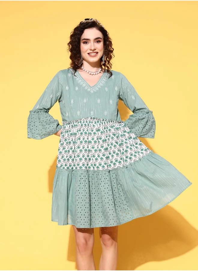 ISHIN Aline Fit Self Design Pattern V-Neck Neck Three-Quarter Sleeves Green & White Colour Woven Cotton Dresses for Women with Semi Elastic Closure - Crafted for Elegance and Ease