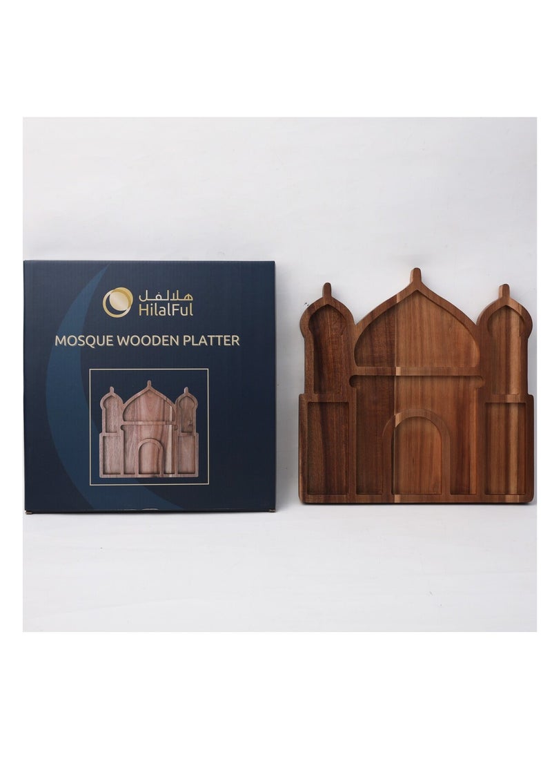 Hilalful - HilalFul Mosque Wooden Platter | Multipurpose | Acacia Wood | Kitchenware | Serveware | Trays for Kitchen Decoration | Home Decor Centrepieces for Eid, Ramadan, Eid Al Adha | Tray Organizer Gift - Image 1