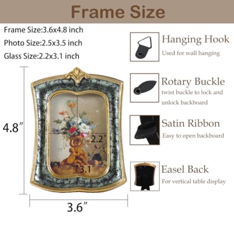 Vintage Picture Frame 2.5x3.5 Antique Ornate Photo Frame Tabletop and Wall Hanging, Decorative Retro Design Home Decor, Old-Fashioned Photo Gallery Art, Moss Agate Green - Image 4