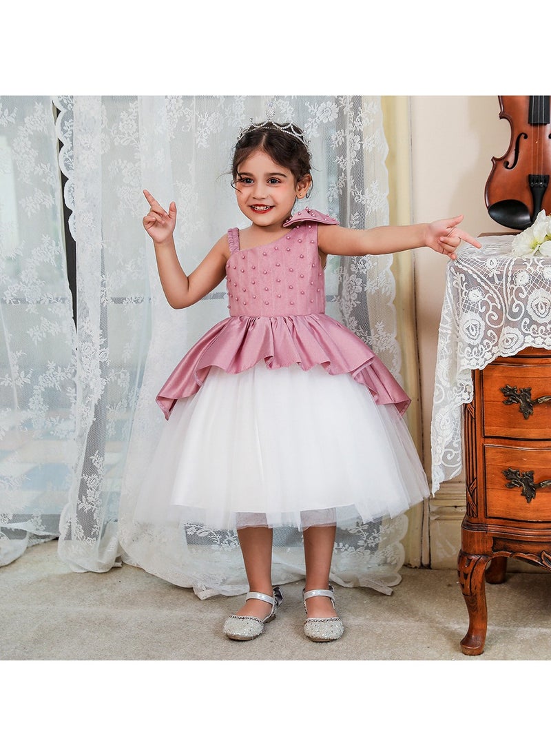 2-3Y Toddler Girl One Shoulder Princess Pageant Formal Dress, Pink Gown with Bow and Puffy Tulle Layers, Ideal for Birthday, Eid, Party  - Image 2
