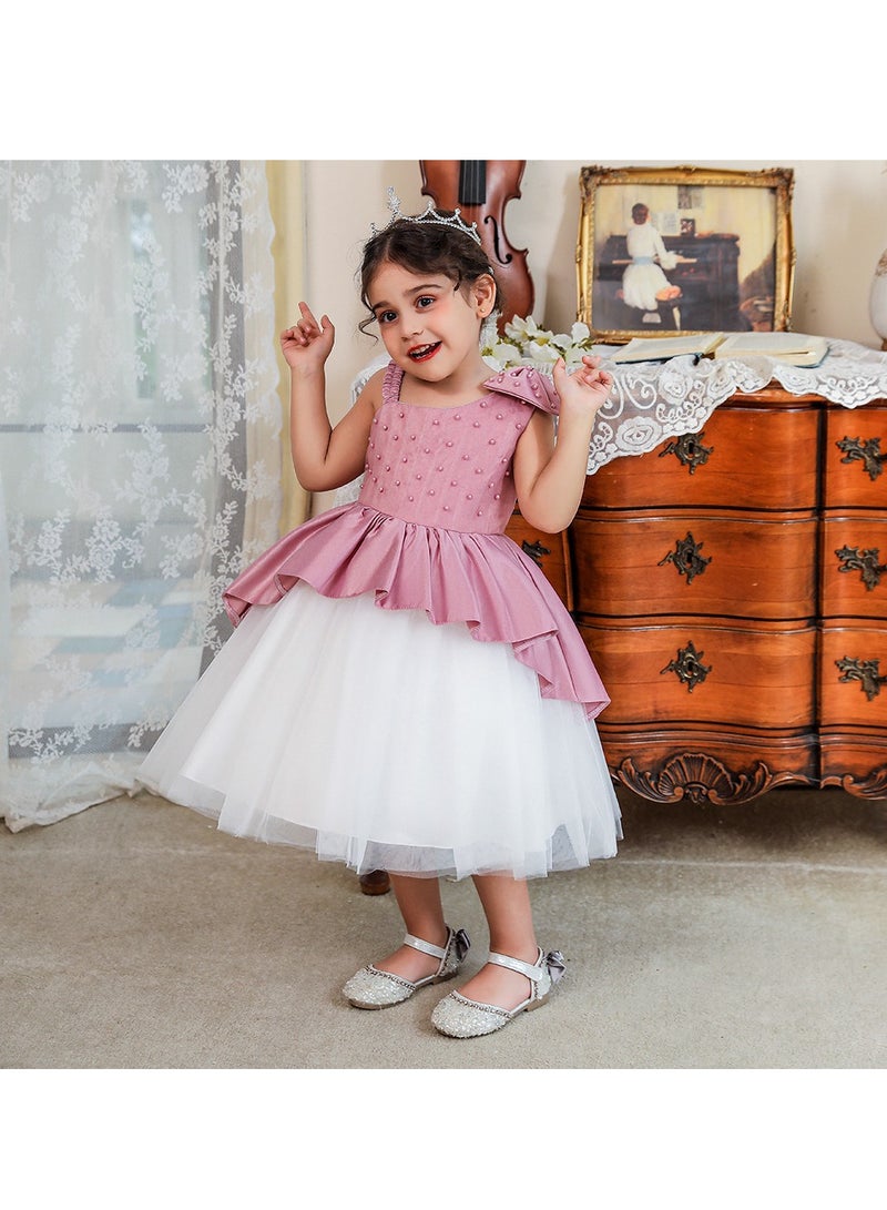 2-3Y Toddler Girl One Shoulder Princess Pageant Formal Dress, Pink Gown with Bow and Puffy Tulle Layers, Ideal for Birthday, Eid, Party  - Image 1