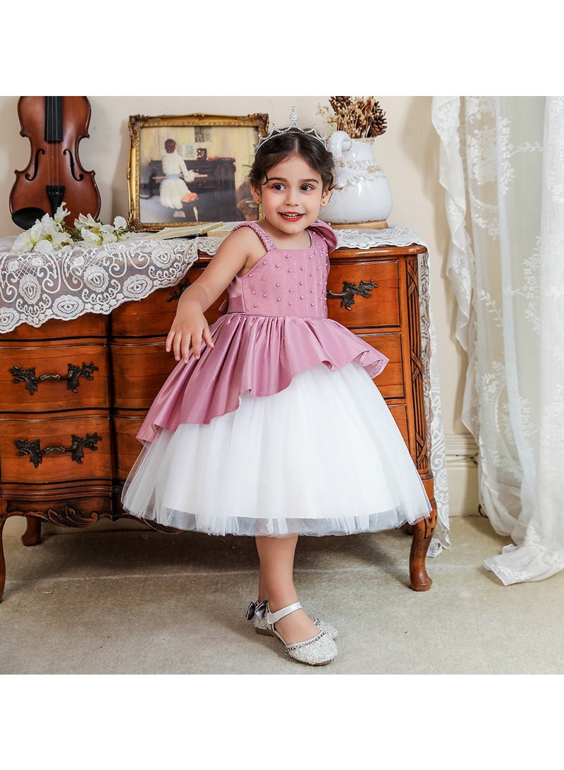 2-3Y Toddler Girl One Shoulder Princess Pageant Formal Dress, Pink Gown with Bow and Puffy Tulle Layers, Ideal for Birthday, Eid, Party  - Image 4