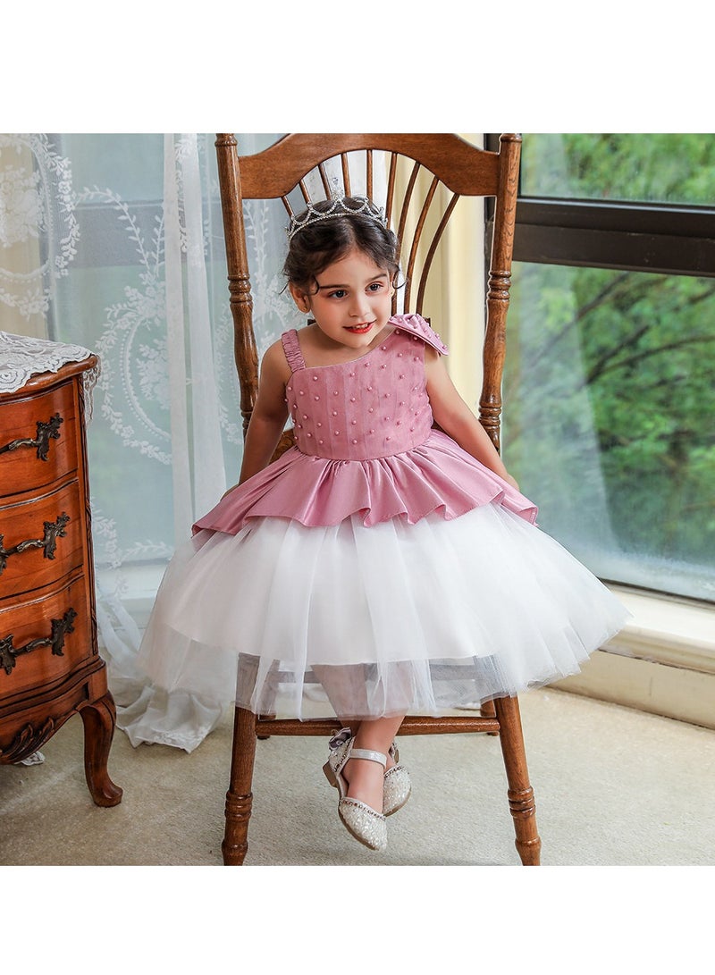 2-3Y Toddler Girl One Shoulder Princess Pageant Formal Dress, Pink Gown with Bow and Puffy Tulle Layers, Ideal for Birthday, Eid, Party  - Image 5