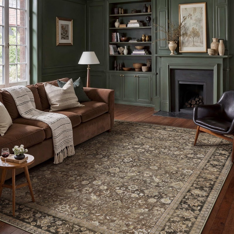 HUGEAR 8x10 Machine Washable Rugs Brown Hallway Large Area Rug Indoor Accent Rug Floral Mid Pile Carpet Soft Soft Thicker Aesthetic Rug Bedroom Living Room Office Dining Kitchen Laundry - Image 3
