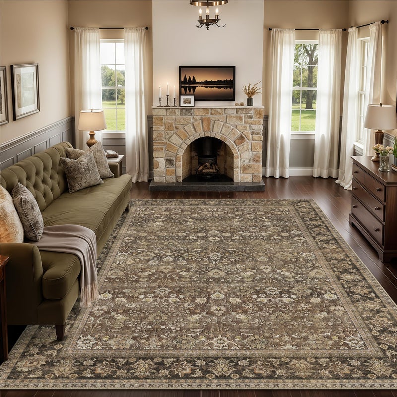 HUGEAR 8x10 Machine Washable Rugs Brown Hallway Large Area Rug Indoor Accent Rug Floral Mid Pile Carpet Soft Soft Thicker Aesthetic Rug Bedroom Living Room Office Dining Kitchen Laundry - Image 1