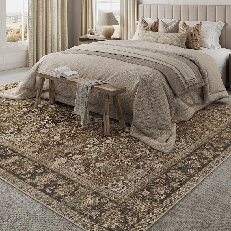 HUGEAR 8x10 Machine Washable Rugs Brown Hallway Large Area Rug Indoor Accent Rug Floral Mid Pile Carpet Soft Soft Thicker Aesthetic Rug Bedroom Living Room Office Dining Kitchen Laundry - Image 4