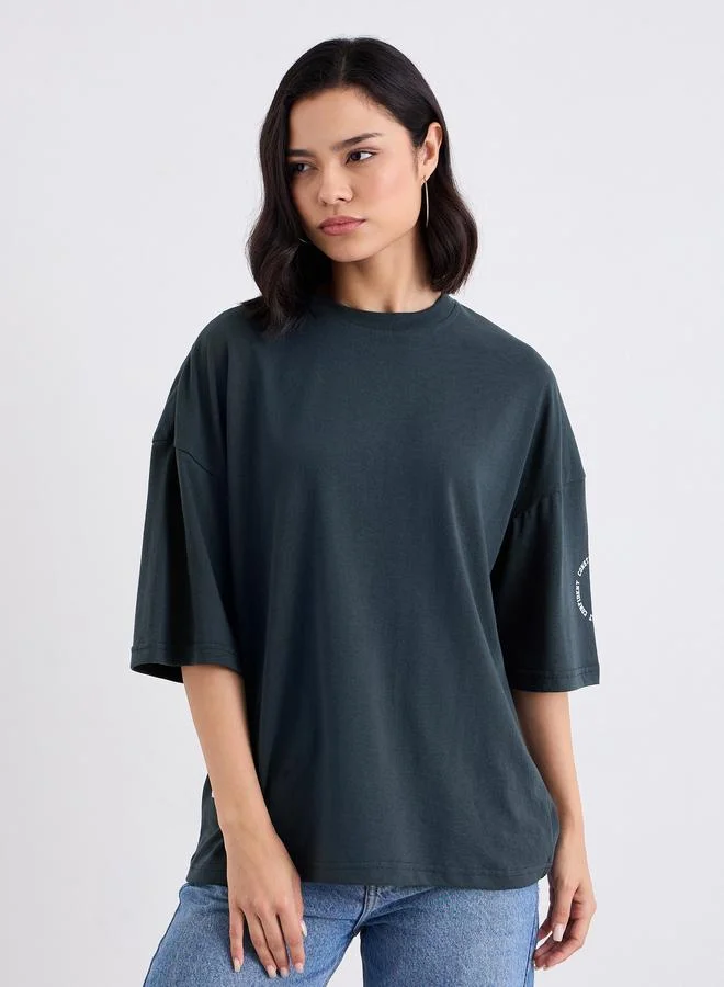 Styli Styli Charcoal Oversized Slogan Print T-Shirt