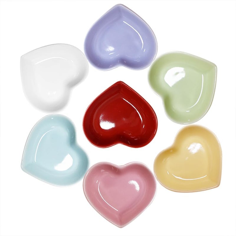 Yuauy 7 Colors Heart Shaped Porcelain Soy Sauce Dish 165 oz Ceramic Dip Dipping Bowls for Dinner Baking BBQ and Cooking One for each color Total 7 pcs - Image 1