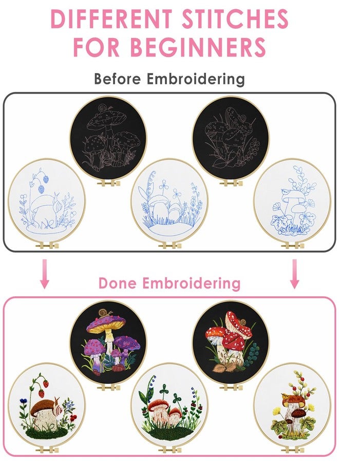 TINDTOP Embroidery Kit for Adult for Beginners, 5 Sets Mushroom Embroidery Kit for Beginners Include Embroidery Cloth Hoops Threads for Craft Lover Hand Stitch with Embroidery Skill Techniques - Image 3