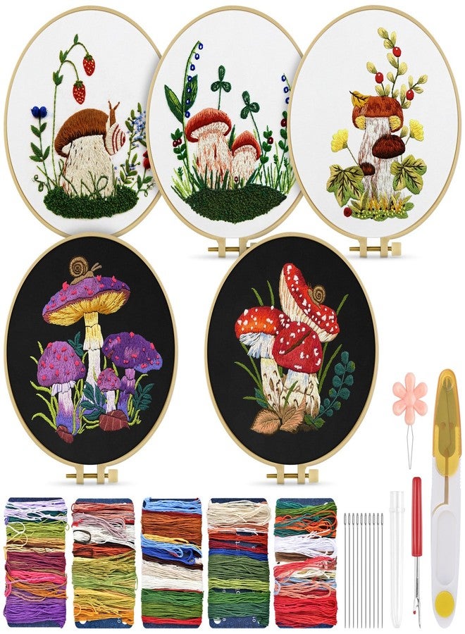 TINDTOP Embroidery Kit for Adult for Beginners, 5 Sets Mushroom Embroidery Kit for Beginners Include Embroidery Cloth Hoops Threads for Craft Lover Hand Stitch with Embroidery Skill Techniques - Image 1