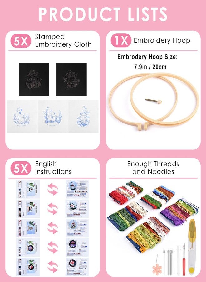 TINDTOP Embroidery Kit for Adult for Beginners, 5 Sets Mushroom Embroidery Kit for Beginners Include Embroidery Cloth Hoops Threads for Craft Lover Hand Stitch with Embroidery Skill Techniques - Image 2