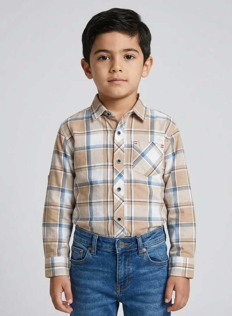 babyqlo Boys Beige Checkered Long Sleeve Shirt