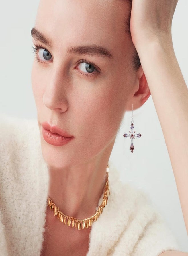 WCRAZYE Pink Cross Necklace Earrings Sets for Women Gothic Punk Colorful Bohemian Rhinestone Cross Earrings Y2k Gothic Earrings For Love Trust Faith Hope Jewelry Gifts (Pink) - Image 3