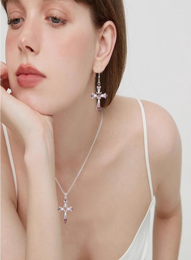 WCRAZYE Pink Cross Necklace Earrings Sets for Women Gothic Punk Colorful Bohemian Rhinestone Cross Earrings Y2k Gothic Earrings For Love Trust Faith Hope Jewelry Gifts (Pink) - Image 2