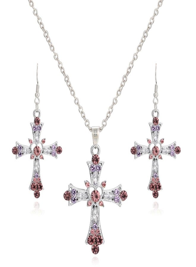WCRAZYE Pink Cross Necklace Earrings Sets for Women Gothic Punk Colorful Bohemian Rhinestone Cross Earrings Y2k Gothic Earrings For Love Trust Faith Hope Jewelry Gifts (Pink) - Image 1