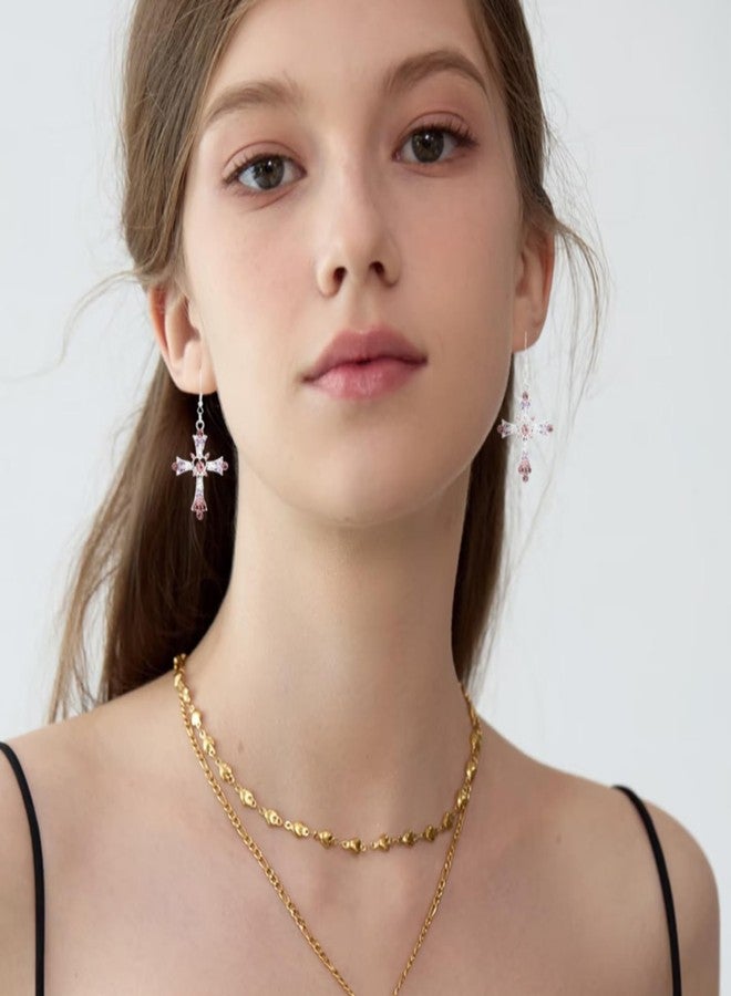 WCRAZYE Pink Cross Necklace Earrings Sets for Women Gothic Punk Colorful Bohemian Rhinestone Cross Earrings Y2k Gothic Earrings For Love Trust Faith Hope Jewelry Gifts (Pink) - Image 5