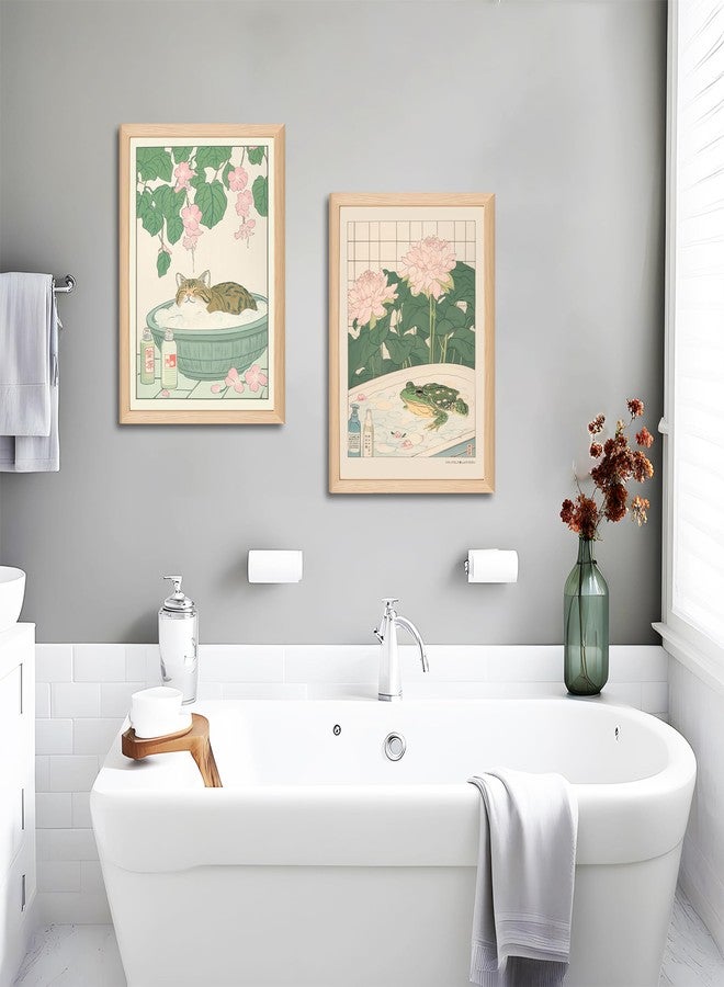 Riveda Set of 2 Japanese Bathroom Wall Art Framed Canvas with Cats & Frogs, Wooden Frame, Abstract Nature Poster Prints for Bathroom Decor, Minimalist Zen Painting Art for Home & Spa (12" W*16" H*2piece) - Image 3