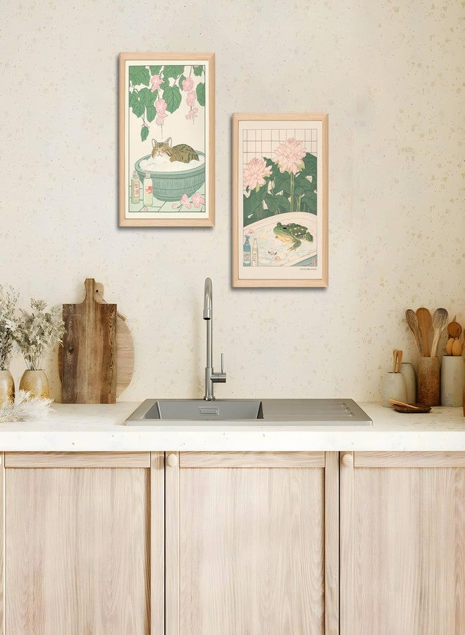 Riveda Set of 2 Japanese Bathroom Wall Art Framed Canvas with Cats & Frogs, Wooden Frame, Abstract Nature Poster Prints for Bathroom Decor, Minimalist Zen Painting Art for Home & Spa (12" W*16" H*2piece) - Image 4